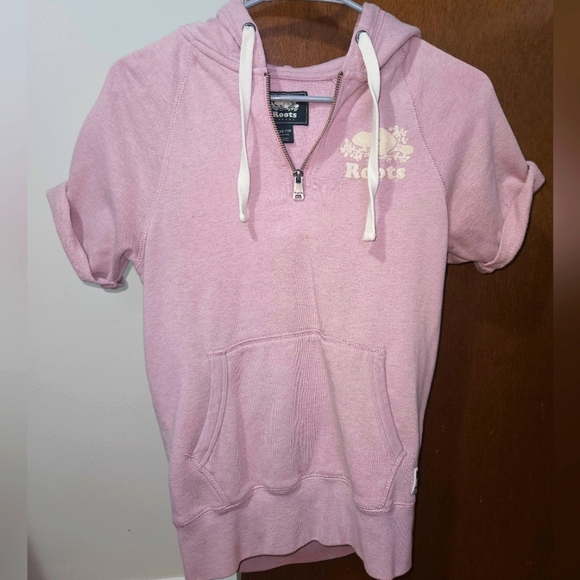 Roots Purple Short Sleeve Sweatshirt Hoodie With Quarter Zip & Pocket Size XXS - Picture 1 of 12